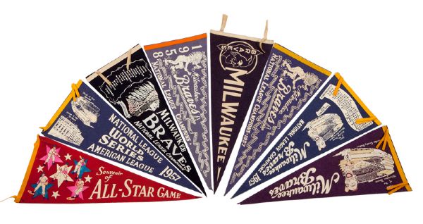 LOT OF (7) 1950S MILWAUKEE BRAVES PENNANTS PLUS 1955 ALL-STAR GAME PENNANT