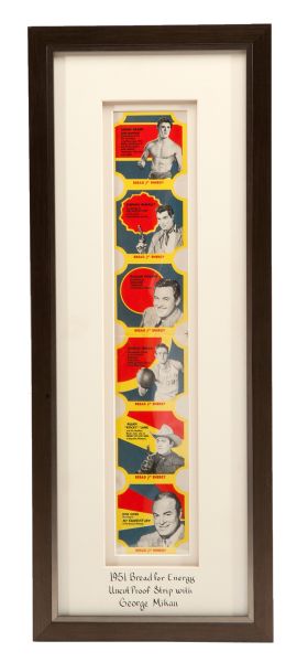 RARE 1951 BREAD FOR ENERGY UNCUT PROOF STRIP W/ GEORGE MIKAN-FRAMED