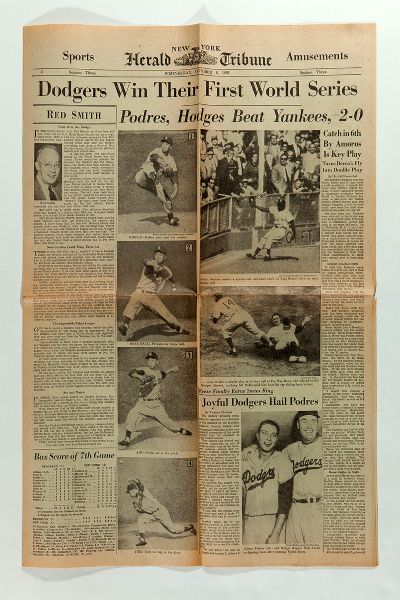 OCTOBER 5, 1955 NEW YORK HERALD TRIBUNE SPORTS SECTION - DODGERS WIN THEIR FIRST WORLD SERIES