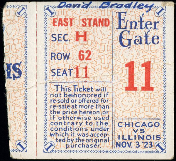 11/3/23 CHICAGO AT ILLINOIS (FIRST GAME AT MEMORIAL STADIUM) TICKET STUB (RED GRANGE 6 TOUCHDOWNS)