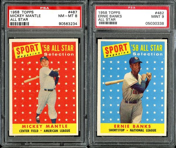 1958 TOPPS ALL-STAR LOT OF 2 - #487 MICKEY MANTLE NM-MT PSA 8 AND #482 ERNIE BANKS MINT PSA 9