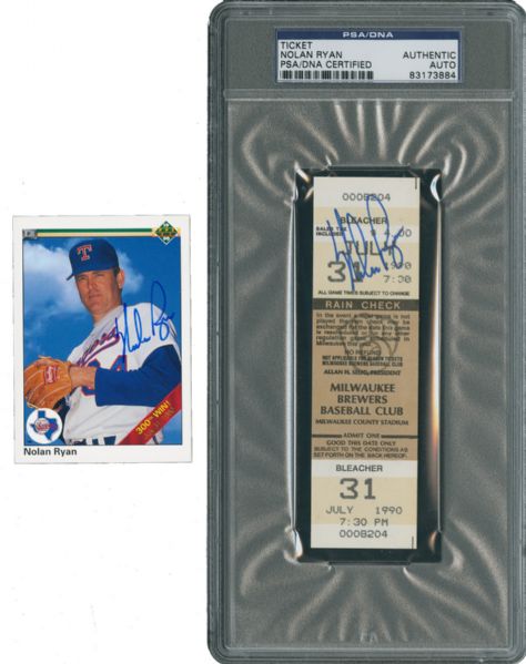 NOLAN RYAN SIGNED 300TH WIN FULL TICKET PSA AUTH AND SIGNED 1990 UD 300TH WIN CARD