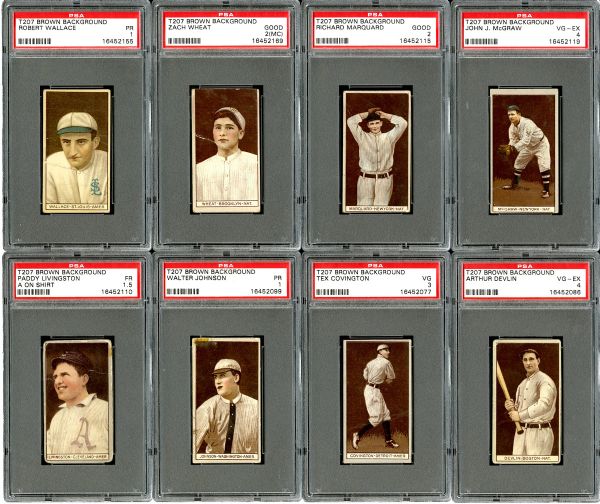 1912 T207 BROWN BACKGROUND PSA GRADED LOT OF 37 INCLUDING JOHNSON, LIVINGSTON (A ON SHIRT), MARQUARD, MCGRAW, WALLACE, AND WHEAT