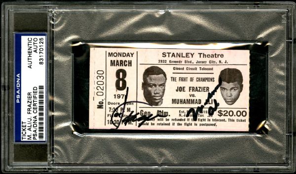 MUHAMMAD ALI AND JOE FRAZIER DUAL-SIGNED TICKET STUB FOR MARCH 8, 1971 TELECAST OF ALI/FRAZIER 1 "THE FIGHT OF THE CENTURY"