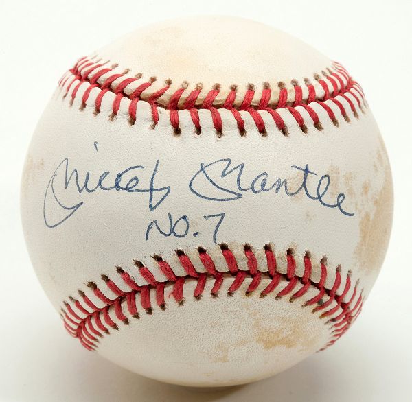 AUTOGRAPHED MICKEY MANTLE BASEBALL W. NO. 7 NOTATION