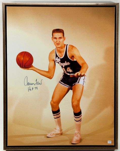 JERRY WEST SIGNED AND INSCRIBED FRAMED CANVAS PHOTOGRAPH