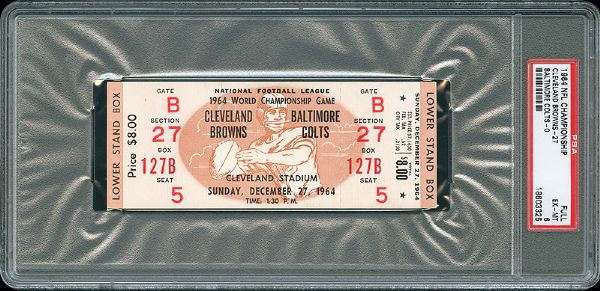 1964 NFL CHAMPIONSHIP GAME (CLEVELAND BROWNS - BALTIMORE COLTS) FULL UNUSED TICKET EX-MT PSA 6