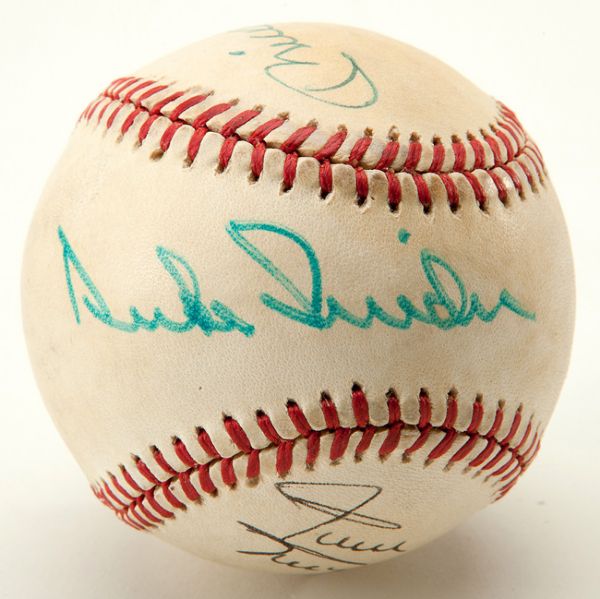 TRIPLE SIGNED NEW YORK OUTFIELDERS BASEBALL - MANTLE, MAYS & SNIDER