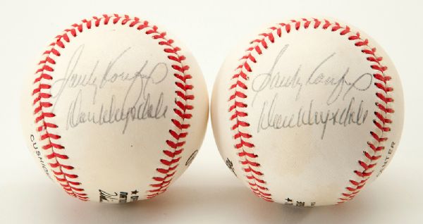 PAIR OF SANDY KOUFAX AND DON DRYSDALE AUTOGRAPHED BASEBALLS - SAME PANEL!