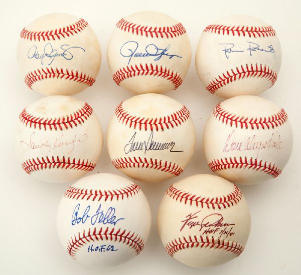 LOT OF EIGHT SINGLE SIGNED HALL OF FAME PITCHERS INC. KOUFAX