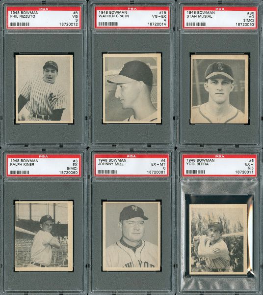 1948 BOWMAN BASEBALL PSA GRADED PARTIAL SET (36/48) WITH MUSIAL, BERRA, SPAHN, RIZZUTO, KINER, AND MIZE
