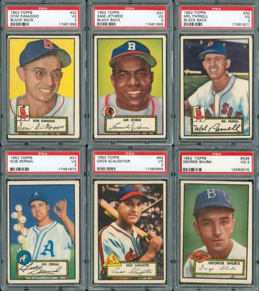 1952 TOPPS BASEBALL VG PSA 3 OR BETTER LOT OF 32 DIFFERENT WITH SHUBA, SLAUGHTER AND DIMAGGIO