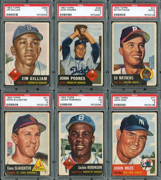 1953 TOPPS BASEBALL PSA GRADED LOT OF 56 DIFFERENT INC ROBINSON, MATHEWS, GILLIAM, PODRES, PLUS 4 OTHER HOF AND 12 HIGH NUMBERS