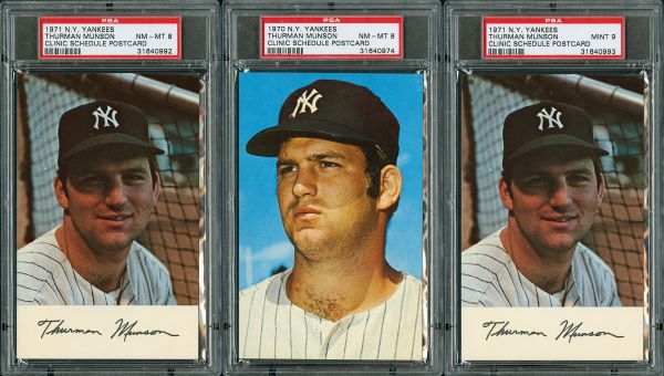 LOT OF THREE 1970 & 1971 THURMAN MUNSON SCHEDULE POST CARDS GRADED PSA NM-MT 8 AND MINT 9