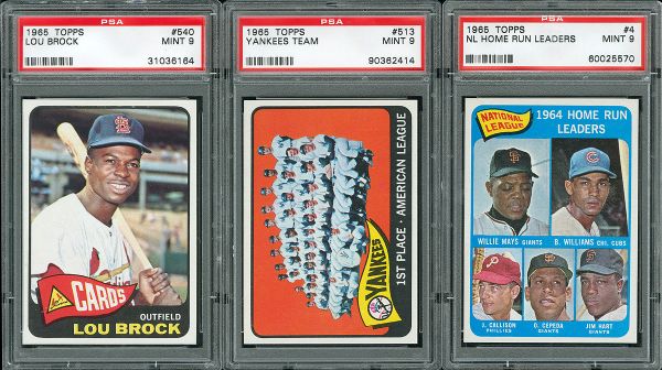 1965 TOPPS #4 NL HR LEADERS, 513 YANKEES TEAM, AND 540 LOU BROCK - ALL MINT PSA 9
