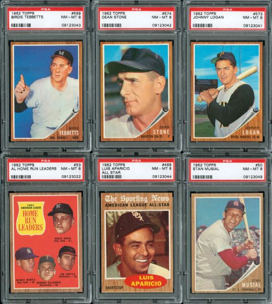 1962 TOPPS BASEBALL NM-MT PSA 8 OR BETTER LOT OF 13 INC. MUSIAL, AL HR LEADERS AND 10 HIGH NUMBERS