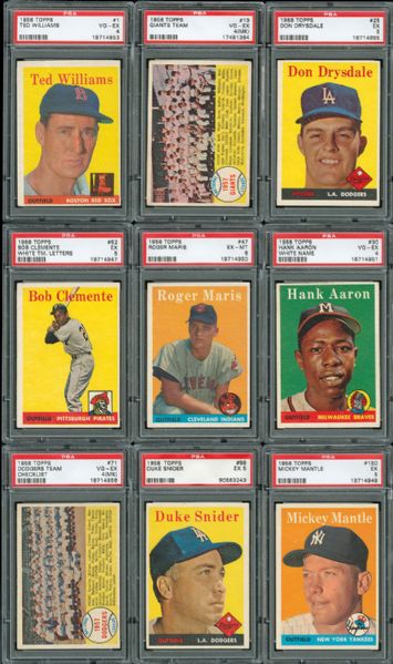 1958 TOPPS BASEBALL COMPLETE SET OF 494 WITH MOST KEY CARDS PSA GRADED