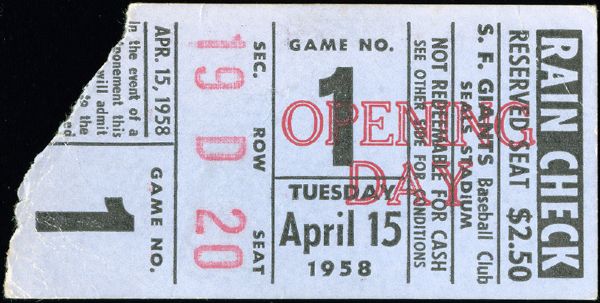 1958 OPENING DAY SAN FRANCISCO GIANTS TICKET STUB- FIRST REGULAR SEASON GAME IN S.F.