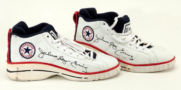PAIR OF JULIUS ERVING WORN AND AUTOGRAPHED CONVERSE "DR. J" ALL STAR HIGH TOP SNEAKERS 