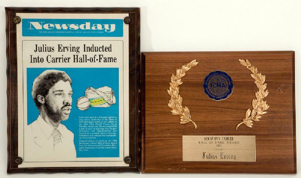 PAIR OF JULIUS "DR. J" ERVINGS NEWSPAPER CARRIERS HALL OF FAME AWARD PLAQUES - ONE SIGNED