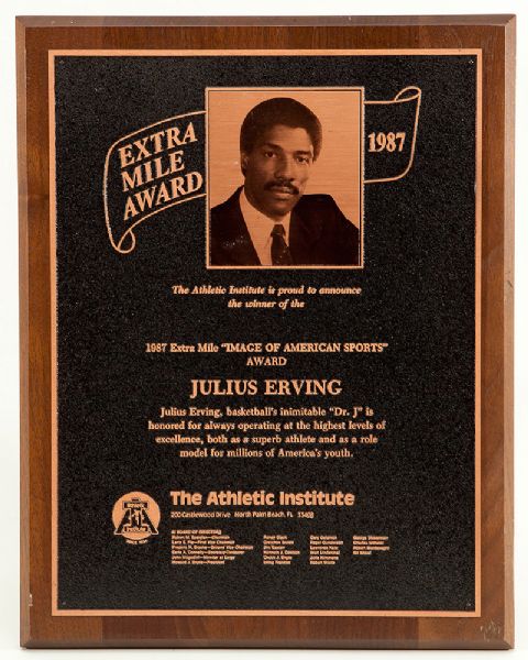 JULIUS "DR. J" ERVINGS AUTOGRAPHED 1987 ATHLETIC INSTITUTE "EXTRA MILE" AWARD