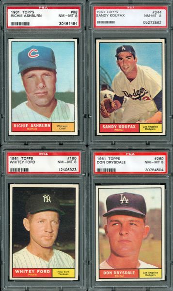 1961 TOPPS BASEBALL NM-MT PSA 8 LOT OF 8 WITH KOUFAX, DRYSDALE, SPAHN, FORD, AND ASHBURN