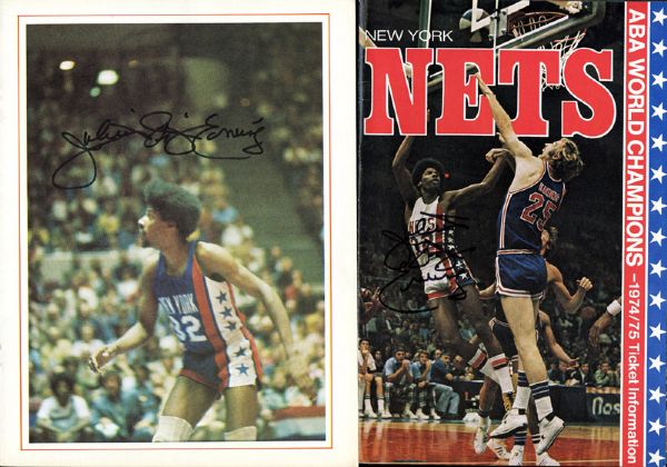 1974/75 NETS SEASON TICKET BROCHURE AND 1975 ABA SCORESHEET BOTH SIGNED BY JULUS "DR J" ERVING