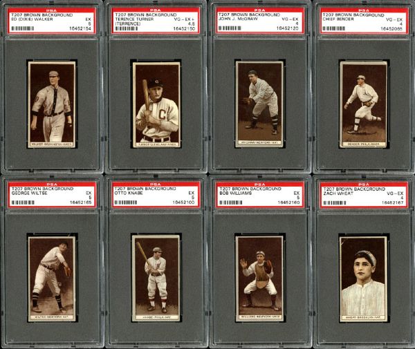 1912 T207 BROWN BACKGROUND VG-EX PSA 4 OR BETTER LOT OF 28 INCLUDING BENDER, MCGRAW, WHEAT
