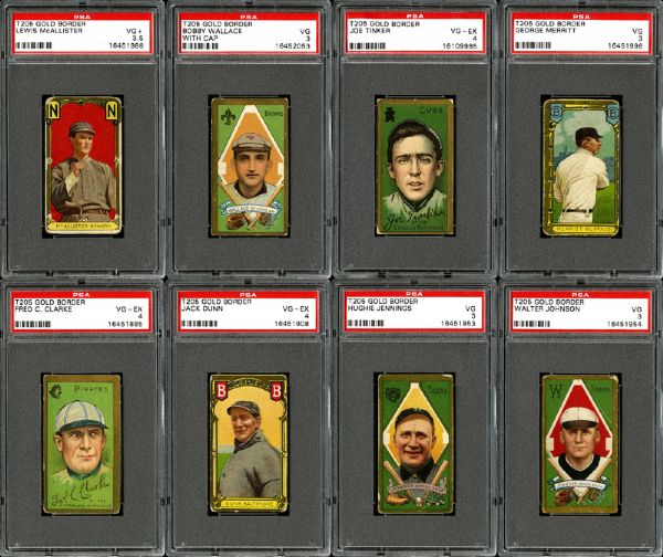 1911 T205 GOLD BORDER VG PSA 3 OR BETTER LOT OF 35 INC. CLARKE, JENNINGS, JOHNSON, WALLACE, TINKER, AND 4 MINOR LEAGUERS