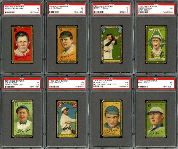 1911 T205 GOLD BORDER PR PSA 1 (21) AND FAIR PSA 1.5 (17) LOT OF 38 WITH HALL OF FAMERS AND TOUGH CARDS