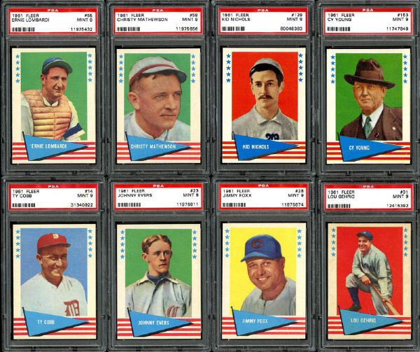 1961 FLEER BASEBALL MINT PSA 9 LOT OF 24 DIFFERENT WITH COBB, GEHRIG, AND YOUNG