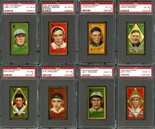 1911 T205 GOLD BORDER EX-MT PSA 6 LOT OF 12 INC. CLARKE, GRIFFITH, JENNINGS, AND MARQUARD