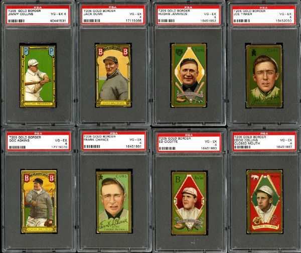 1911 T205 GOLD BORDER VG-EX PSA 4 LOT OF 42 INC. CHANCE, CICOTTE, CLARKE, E. COLLINS, J. COLLINS, GRIFFITH, JENNINGS, TINKER AND 6 MINOR LEAGUERS