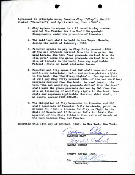 MUHAMMAD ALI SIGNED AGREEMENT FOR THE "FIGHT OF THE CENTURY" VS. JOE FRAZIER - SIGNED "CASSIUS CLAY"