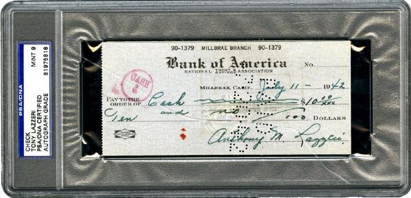 1942 TONY LAZZERI SIGNED BANK CHECK MINT PSA 9