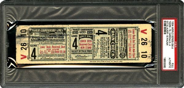 1934 WORLD SERIES (DETROIT TIGERS - ST. LOUIS CARDINALS) GAME 4 FULL UNUSED TICKET PSA AUTHENTIC