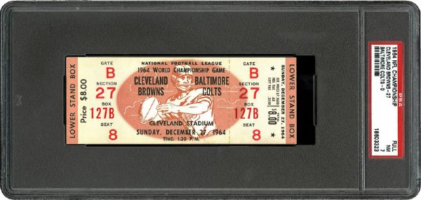 1964 NFL CHAMPIONSHIP GAME (CLEVELAND BROWNS - BALTIMORE COLTS) FULL UNUSED TICKET NM PSA 7