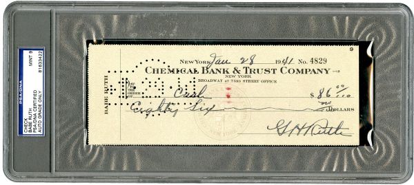 BABE RUTH SIGNED BANK CHECK ENCAPSULATED BY PSA/DNA (GRADED MINT 9)