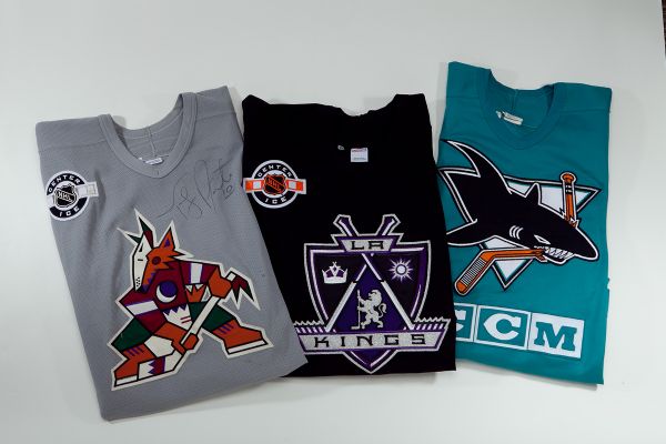 LOT OF THREE PRACTICE WORN JERSEYS - KINGS, COYOTES & SHARKS