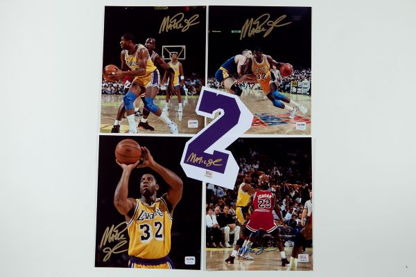 LOT OF (5) MAGIC JOHNSON SIGNED ITEMS - FOUR 8X10 ACTION PHOTOS & SIGNED NUMBER