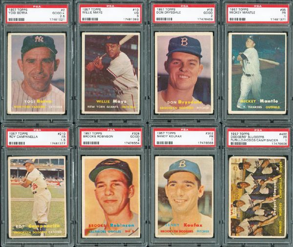1957 TOPPS PSA GRADED P-F LOT OF 93 DIFFERENT INC. MANTLE, MAYS. KOUFAX, B. ROBINSON, AND MANY HOFERS