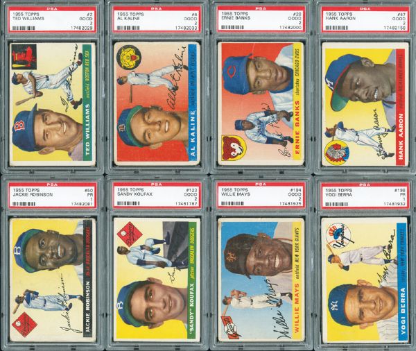 1955 TOPPS LOW GRADE PSA LOT OF 49 DIFFERENT INC. KOUFAX, MAYS, BERRA, ROBINSON, AARON, WILLIAMS, KALINE, AND BANKS
