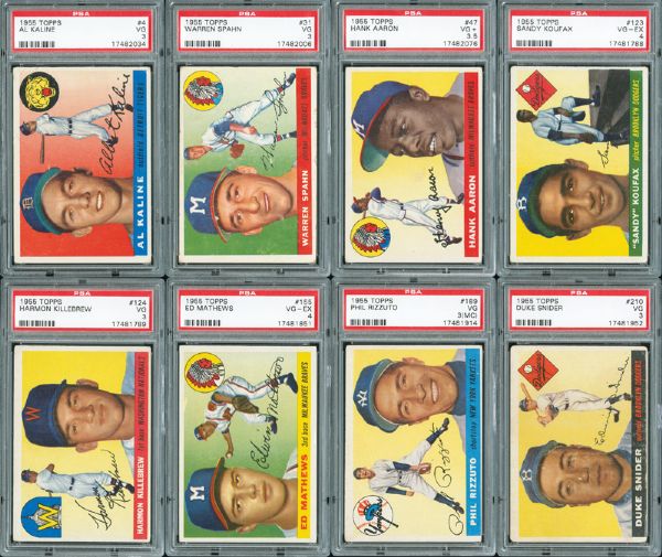 1955 TOPPS LOW PSA GRADED VG TO EX LOT OF 143 DIFFERENT INC. KOUFAX, SNIDER, RIZZUTO, KILLEBREW, AARON, KALINE, AND MATHEWS