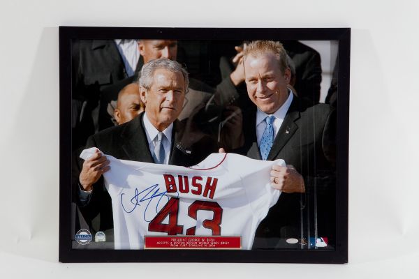 BOSTON RED SOX CURT SCHILLING AUTOGRAPHED 16X20 PHOTO WITH GEORGE BUSH (STEINER)