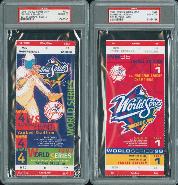 1998 GAME 1 AND 1999 GAME 4 WORLD SERIES FULL TICKETS GEM MINT PSA 10