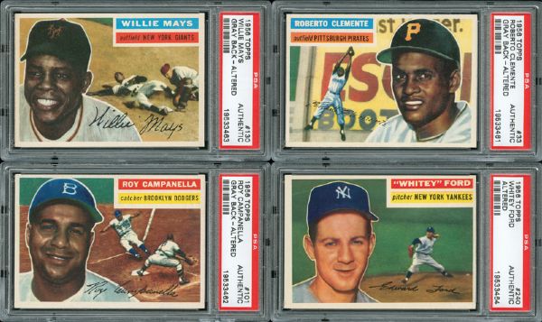 1956 TOPPS BASEBALL PSA AUTHENTIC LOT OF 4 - MAYS, CLEMENTE, CAMPANELLA, AND FORD