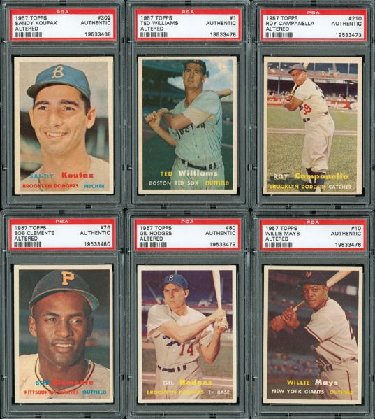 1957 TOPPS BASEBALL PSA AUTHENTIC LOT OF 6 - WILLIAMS, MAYS, KOUFAX, CLEMENTE, CAMPANELLA, AND HODGES