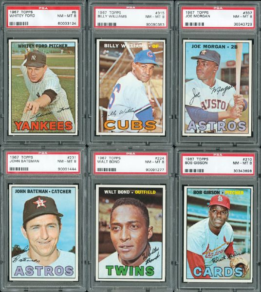 1967 TOPPS BASEBALL NM-MT PSA 8 GRADED LOT OF 33 DIFFERENT INC. FORD, MORGAN, GIBSON, AND B. WILLIAMS