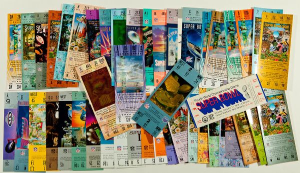 1970 THROUGH 2001 FULL UNUSED SUPER BOWL TICKET LOT OF 29 DIFFERENT WITH 19 COLOR VARIATIONS