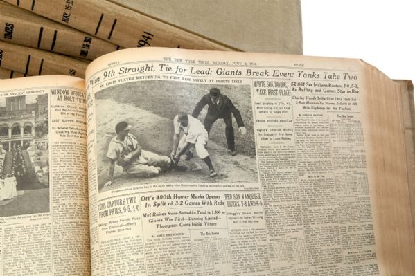 FOUR, LARGE 1941 NEWSPAPER ARCHIVE BOOKS COVERING DIMAGGIO AND WILLIAMS